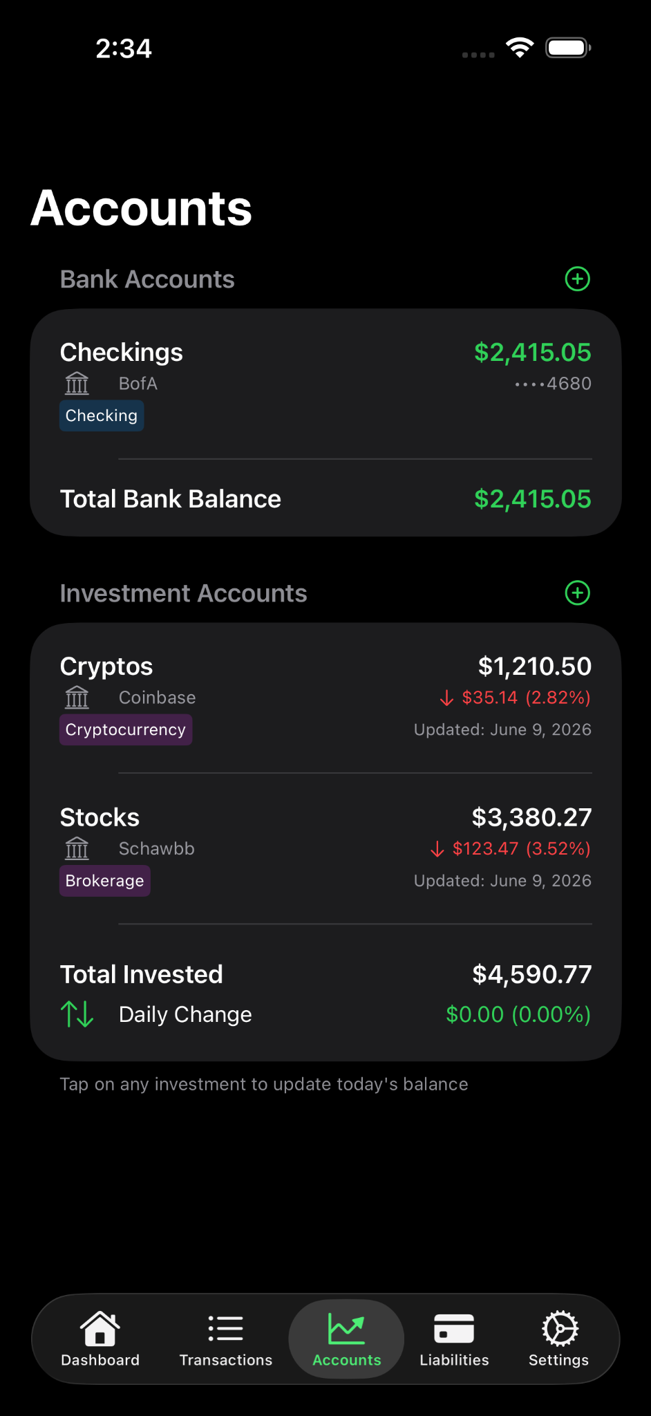 Accounts screen